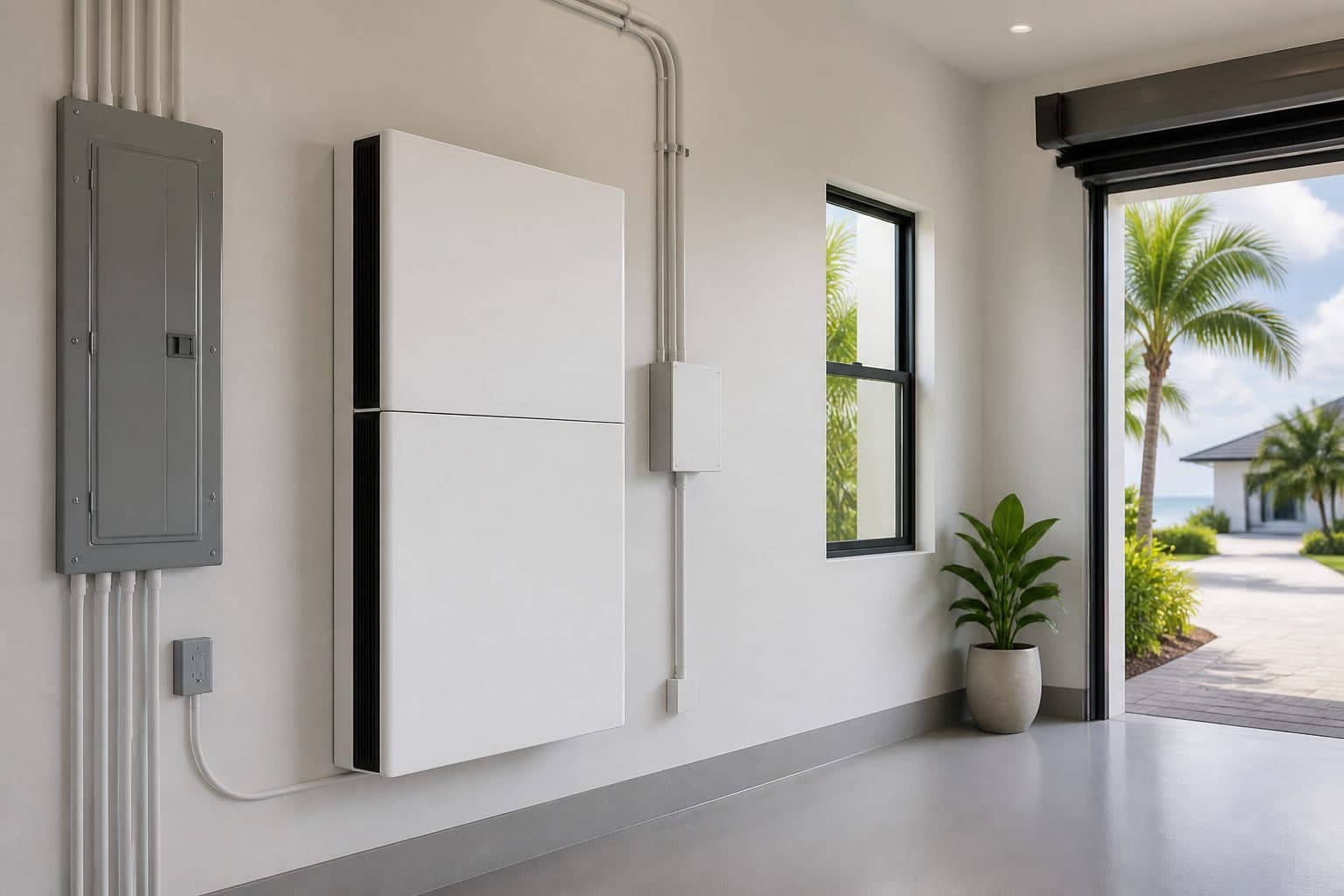 Modern home battery energy storage system mounted in a bright garage