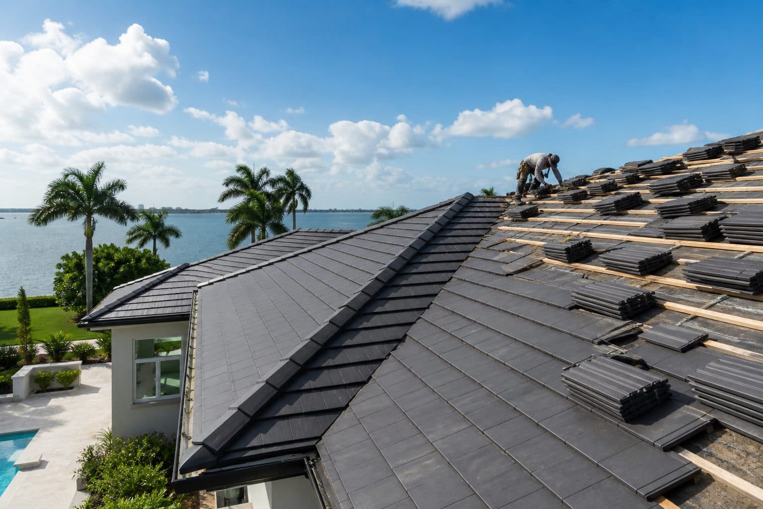 Professional roofing work on a Florida home under bright daylight