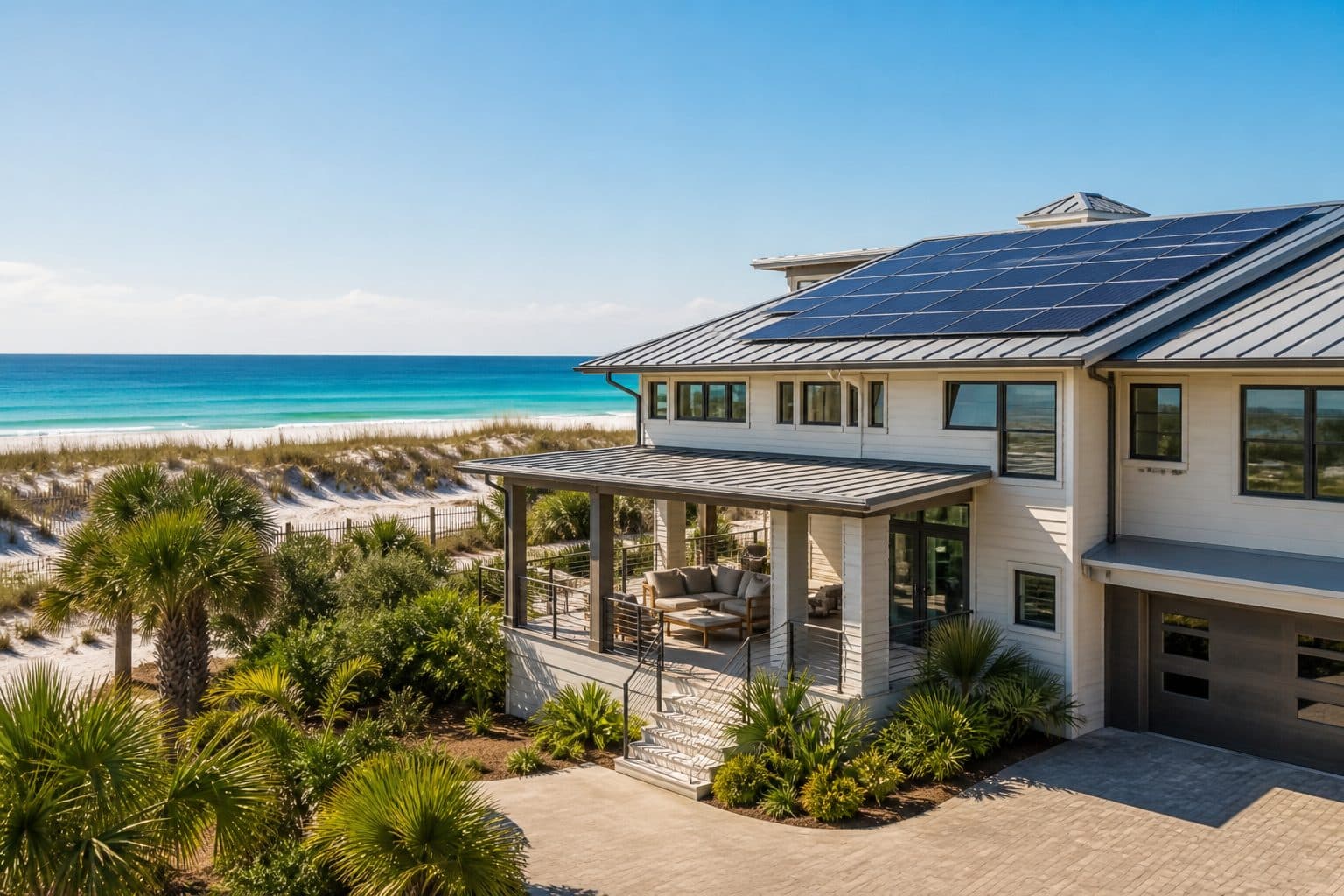 Modern coastal Florida home with rooftop solar near turquoise Gulf waters and bright sky